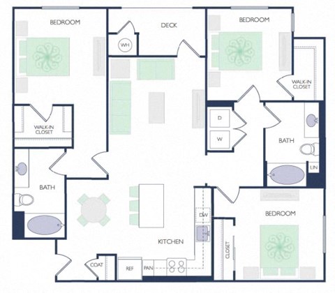 Floor plan for 3 beds, 2 baths, 1393 sqft