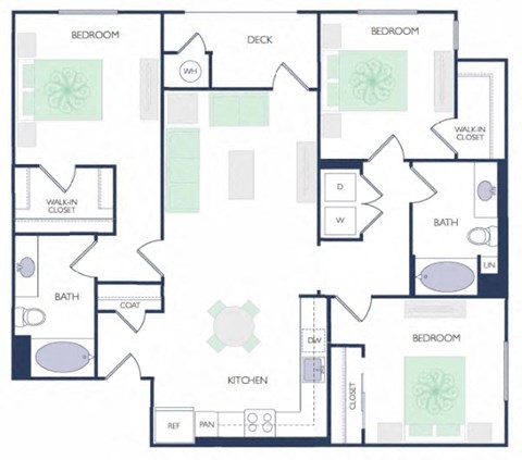 Floor plan for 3 beds, 2 baths, 1360 sqft