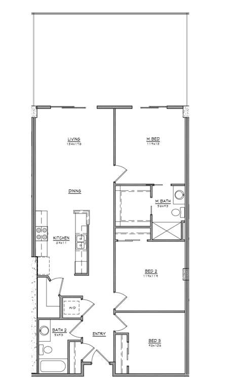 Floor plan for 3 beds, 2 baths, 1219 sqft