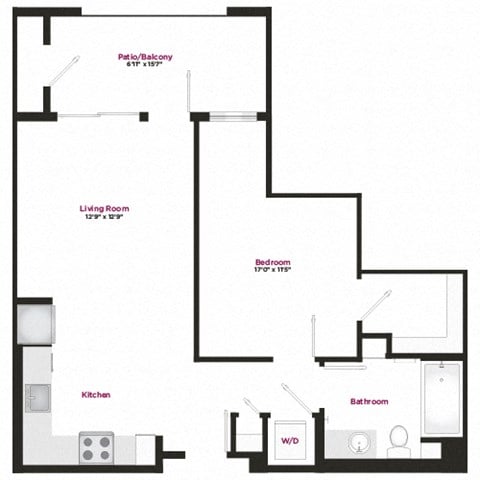 Floor plan for 1 bed, 1 bath, 728 sqft