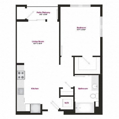 Floor plan for 1 bed, 1 bath, 744 sqft