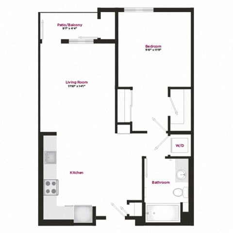 Floor plan for 1 bed, 1 bath, 739 sqft