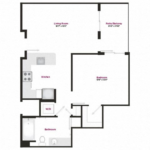 Floor plan for 1 bed, 1 bath, 759 sqft