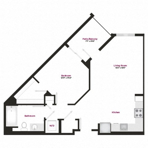 Floor plan for 1 bed, 1 bath, 784 sqft