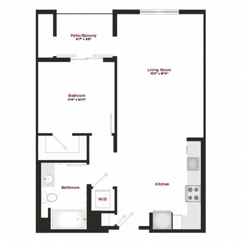 Floor plan for 1 bed, 1 bath, 799 sqft