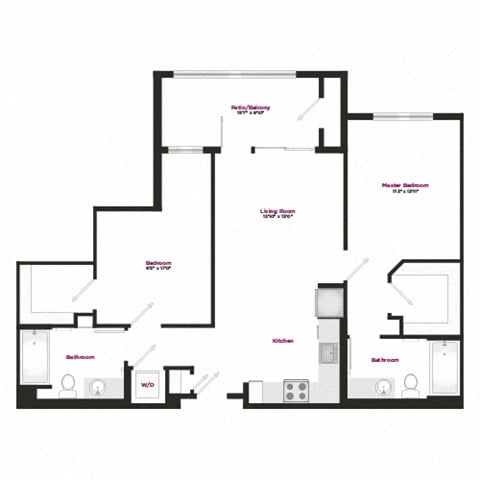 Floor plan for 2 beds, 2 baths, 1074 sqft