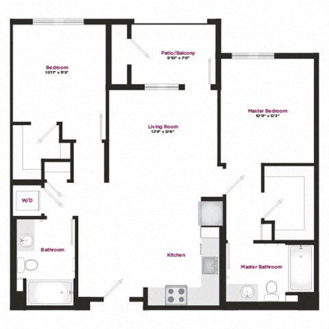 Floor plan for 2 beds, 2 baths, 1081 sqft