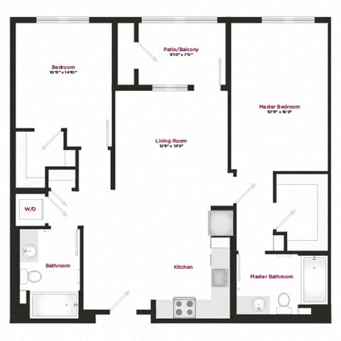 Floor plan for 2 beds, 2 baths, 1146 sqft