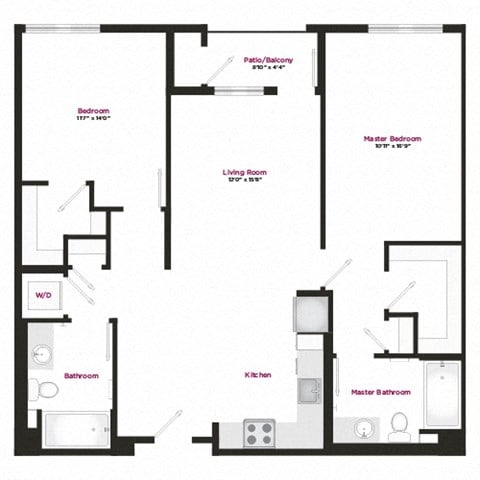 Floor plan for 2 beds, 2 baths, 1169 sqft