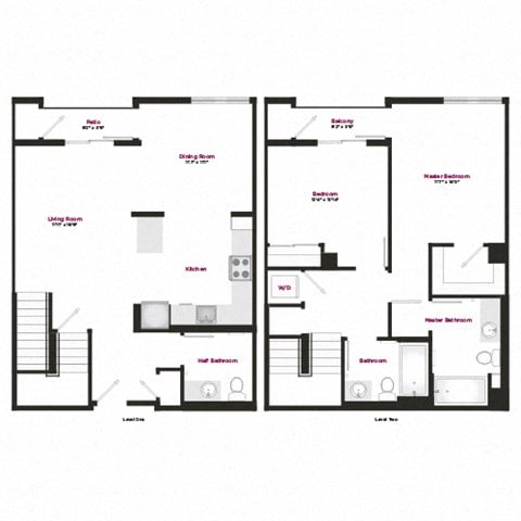 Floor plan for 2 beds, 2.5 baths, 1463 sqft