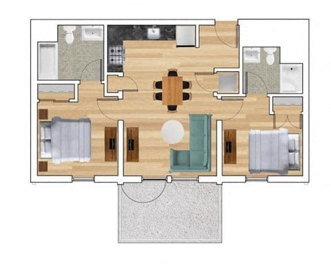 Floor plan for 2 beds, 2 baths, 756 sqft