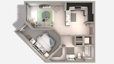 Floor plan for 1 bed, 1 bath, 675 sqft