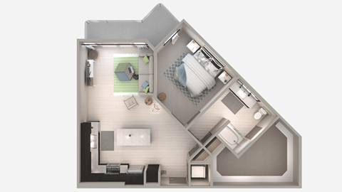 Floor plan for 1 bed, 1 bath, 890 sqft