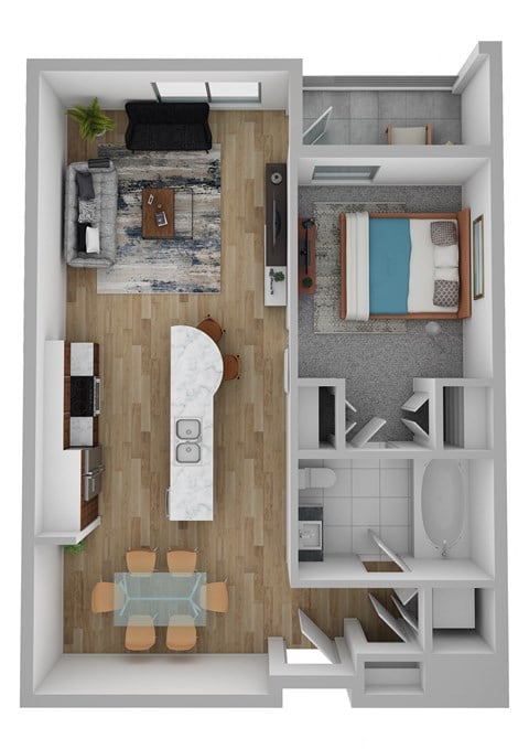 Floor plan for 1 bed, 1 bath, 740 sqft