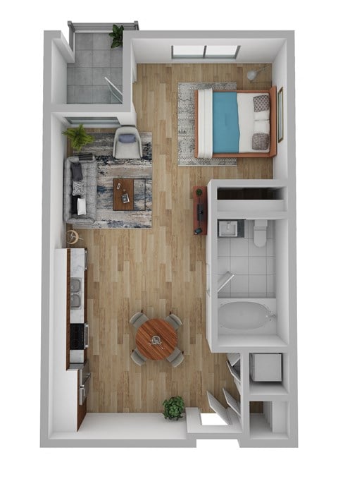 Floor plan for studio, 1 bath, 598 sqft