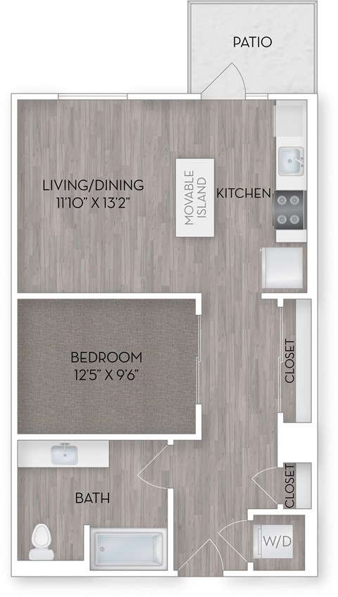 Floor plan for 1 bed, 1 bath, 649 sqft