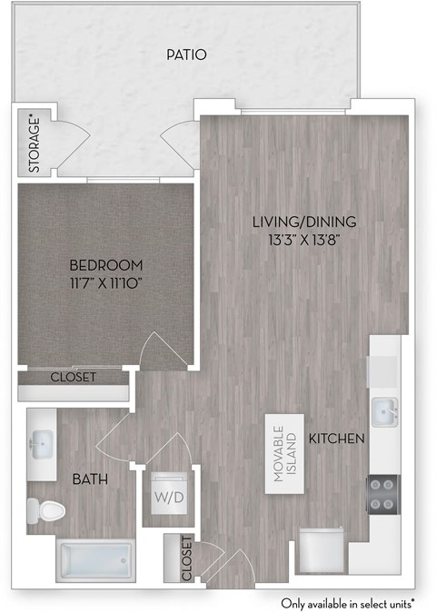 Floor plan for 1 bed, 1 bath, 701 sqft