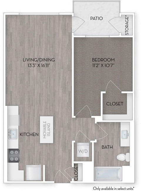 Floor plan for 1 bed, 1 bath, 734 sqft