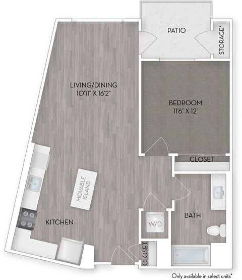 Floor plan for 1 bed, 1 bath, 757 sqft