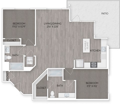 Floor plan for 2 beds, 2 baths, 1127 sqft