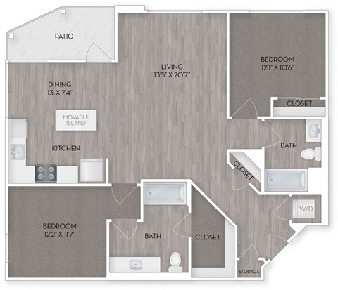 Floor plan for 2 beds, 2 baths, 1138 sqft
