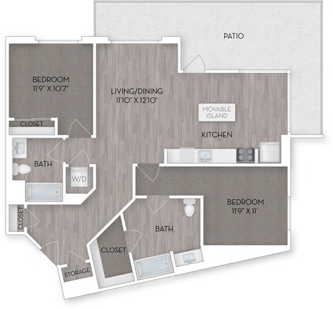 Floor plan for 2 beds, 2 baths, 1143 sqft