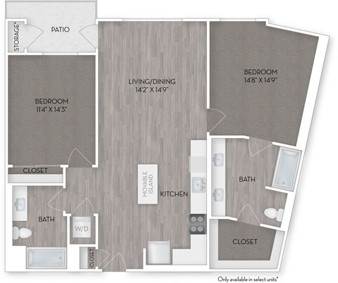 Floor plan for 2 beds, 2 baths, 1150 sqft