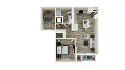 Floor plan for 1 bed, 1 bath, 886 sqft