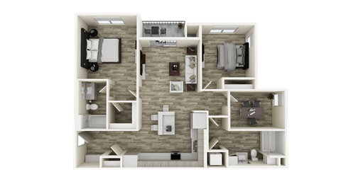 Floor plan for 2 beds, 2 baths, 1257 sqft