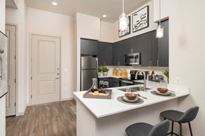 Tempe apartment for rent - a kitchen with a large island and a stainless steel refrigerator