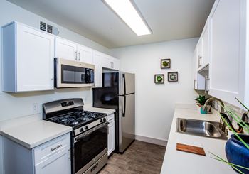 Stainless steel appliances including built-in microwave, refrigerator, and dishwasher