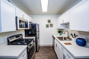 Las Vegas apartment for rent - A kitchen with white cabinets and a black refrigerator.