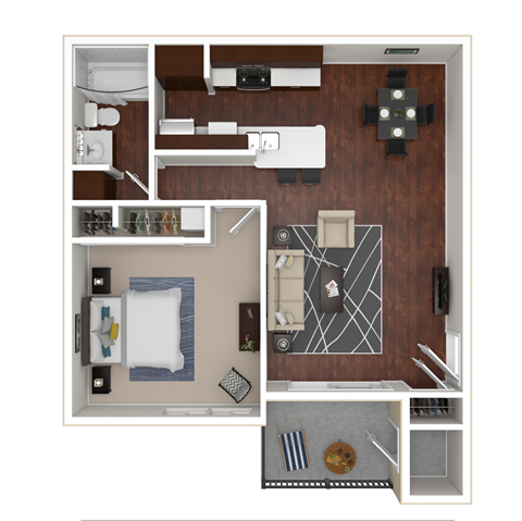 Floor plan for 1 bed, 1 bath, 763 sqft