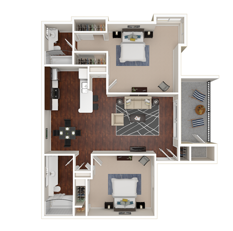 Floor plan for 2 beds, 2 baths, 1050 sqft