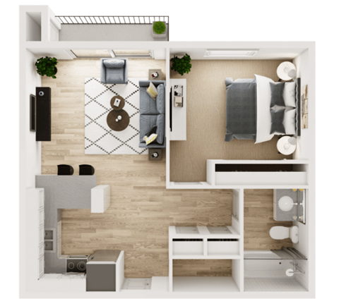 Floor plan for 1 bed, 1 bath, 670 sqft