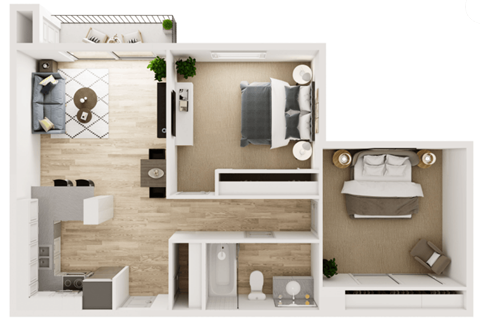 Floor plan for 2 beds, 1 bath, 803 sqft