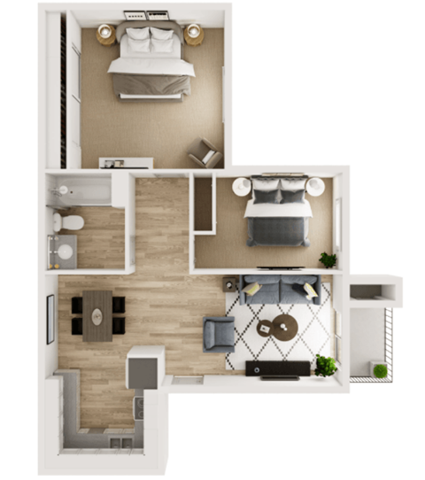 Floor plan for 2 beds, 1 bath, 898 sqft