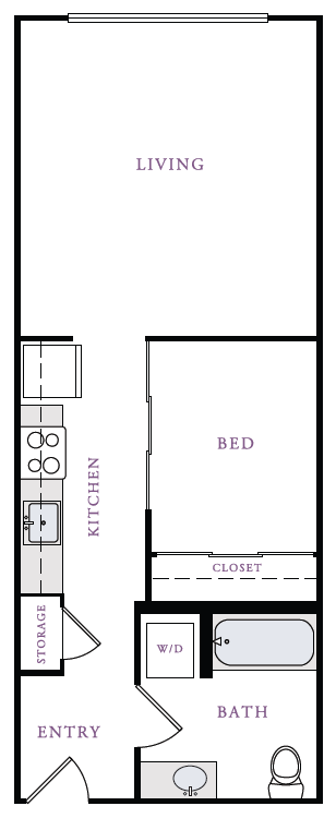 Floor plan for 1 bed, 1 bath, 574 sqft