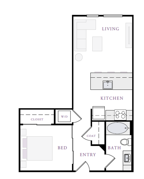 Floor plan for 1 bed, 1 bath, 580 sqft