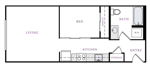 Floor plan for 1 bed, 1 bath, 628 sqft