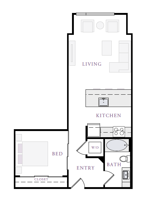 Floor plan for 1 bed, 1 bath, 644 sqft