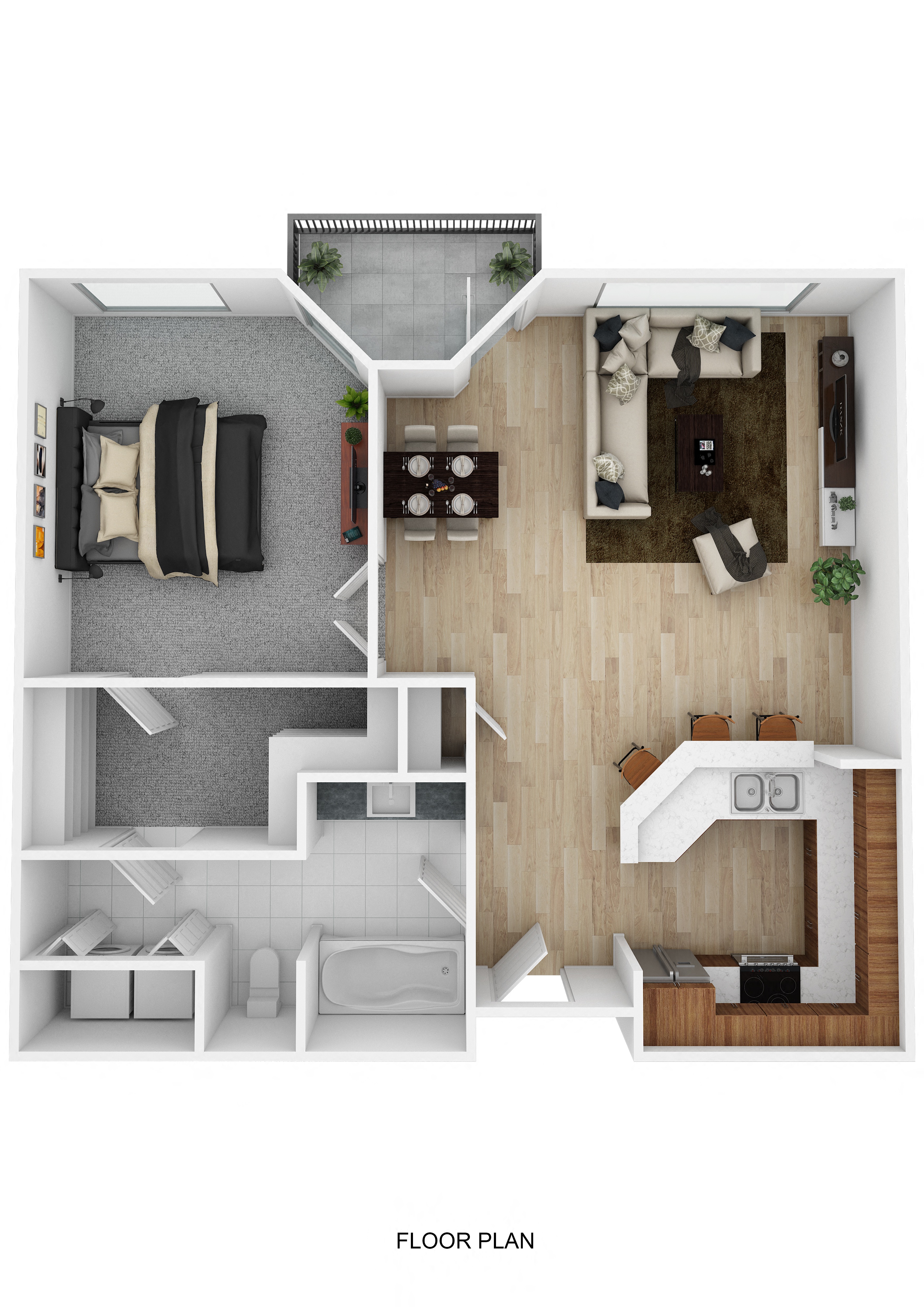 Floor plan for 1 bed, 1 bath, 745 sqft