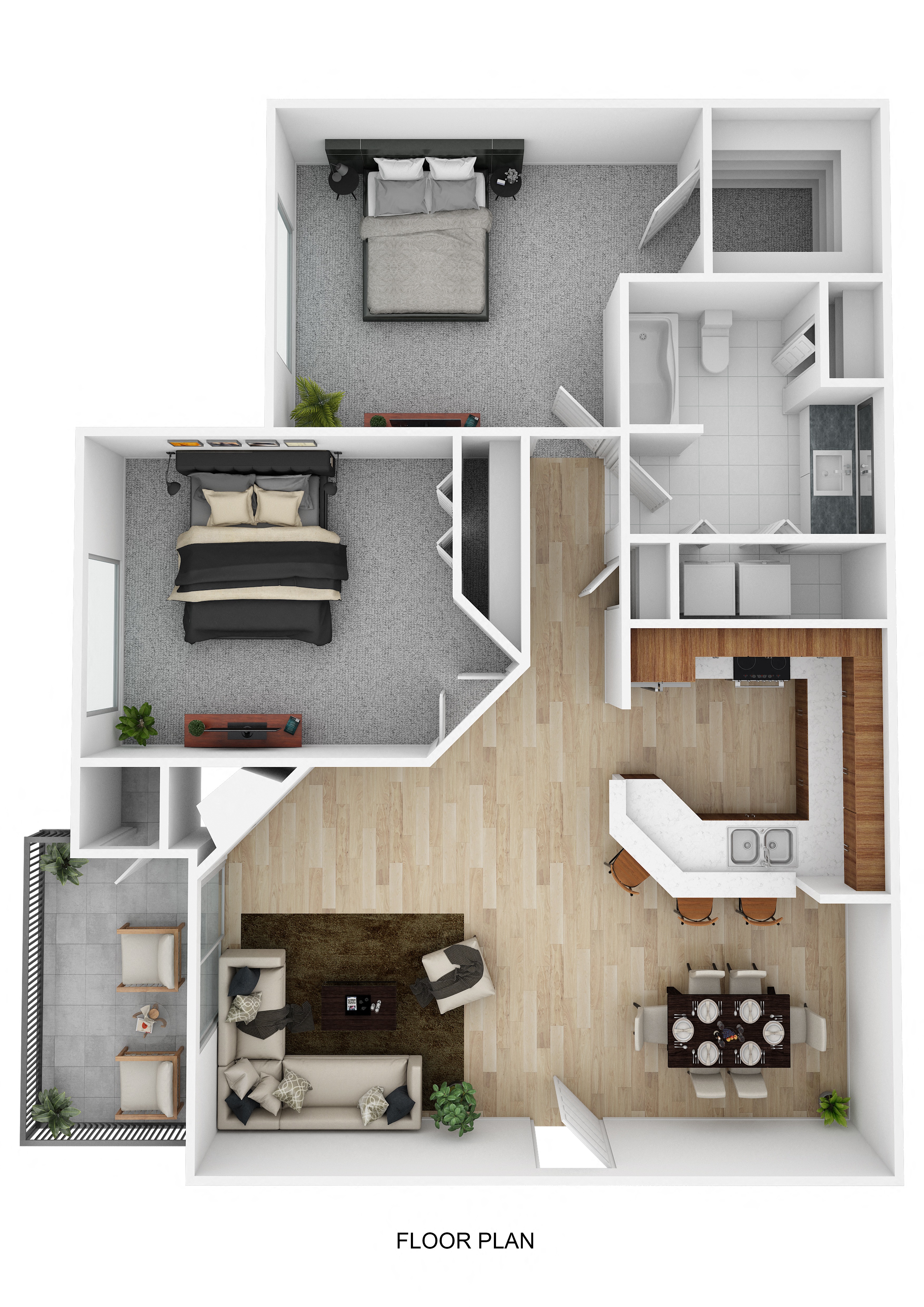 Floor plan for 2 beds, 1 bath, 970 sqft