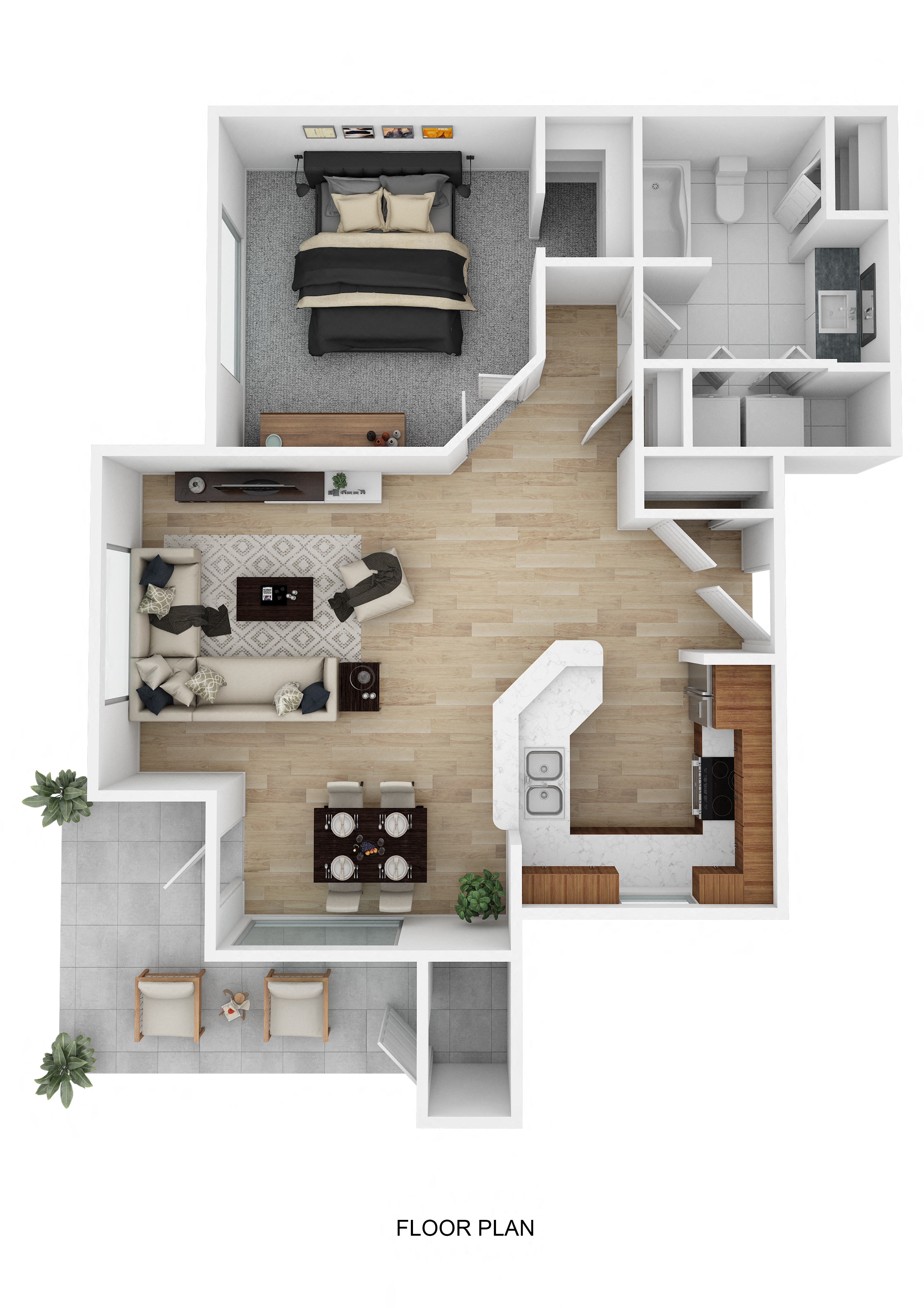 Floor plan for 1 bed, 1 bath, 735 sqft