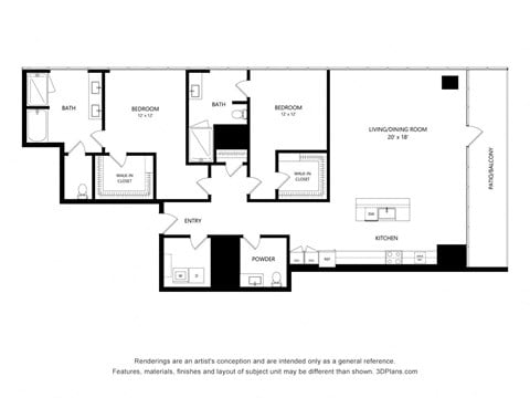 Floor plan for 2 beds, 2 baths, 1848 sqft