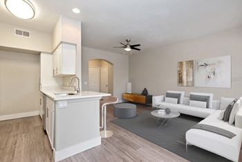 Wood-style plank flooring in kitchen and living areas