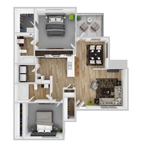 Floor plan for 2 beds, 2 baths, 988 sqft