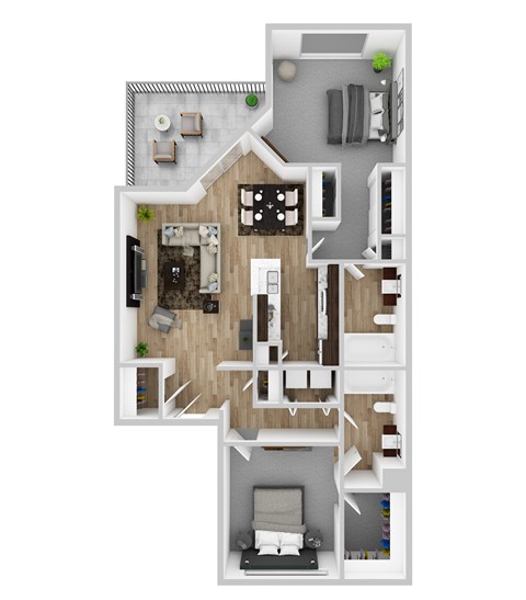 Floor plan for 2 beds, 2 baths, 1033 sqft