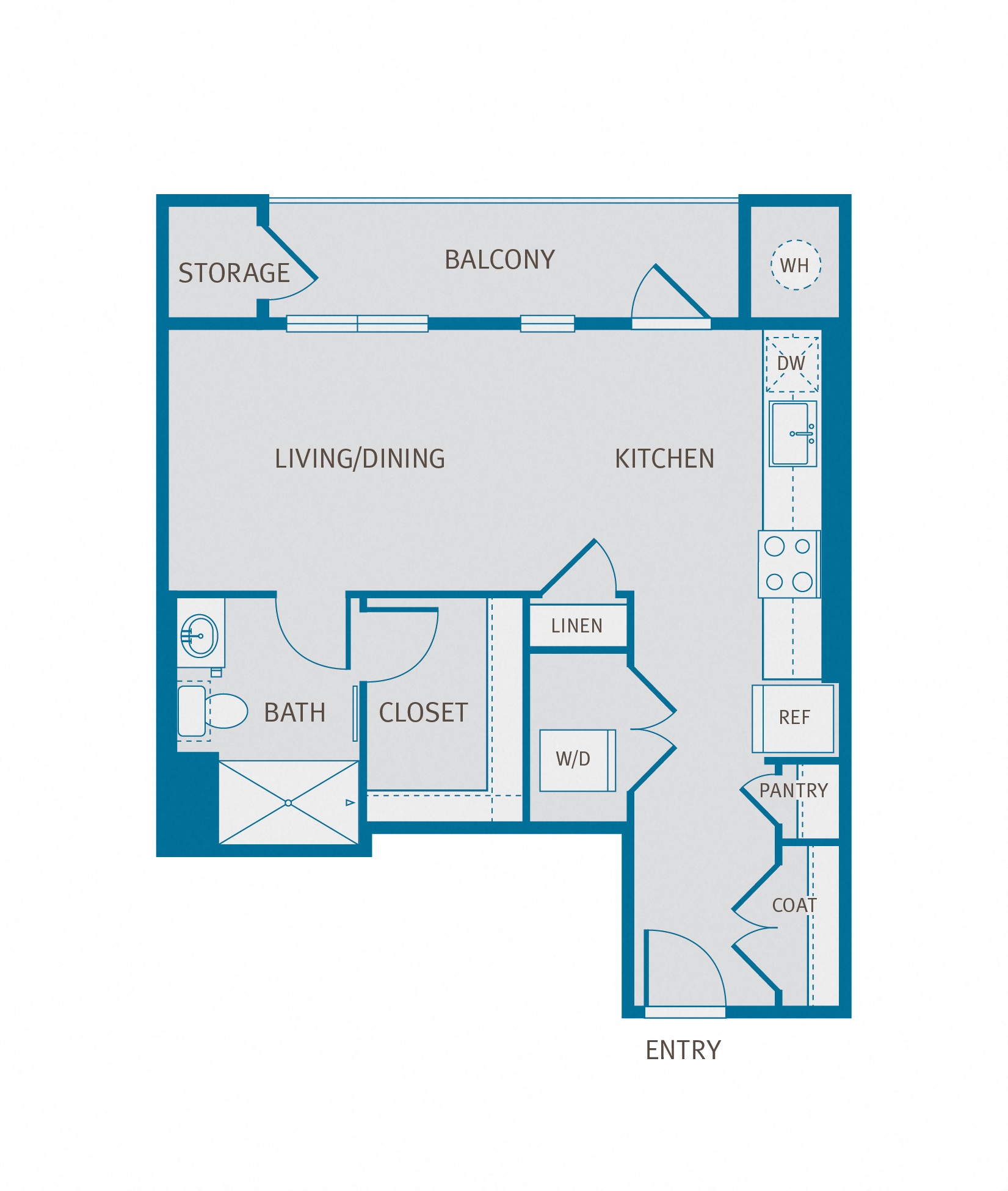 Floor plan for studio, 1 bath, 565 sqft