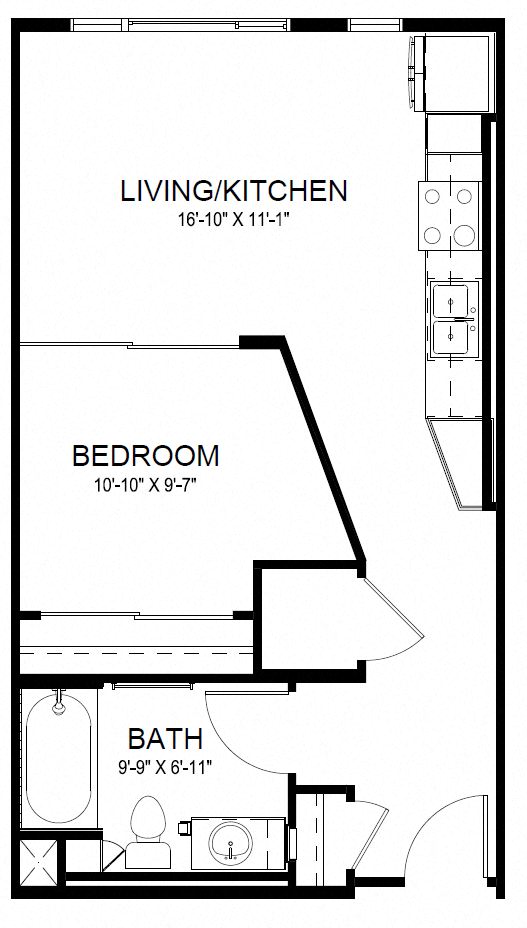 Floor plan for studio, 1 bath, 576 sqft